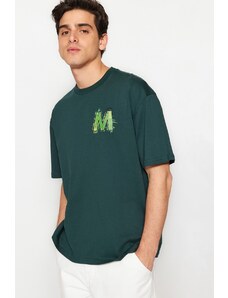Trendyol Emerald Green Relaxed/Comfortable Fit Short Sleeve Text Printed 100% Cotton T-Shirt