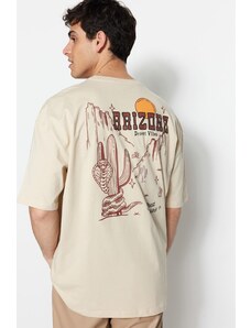 Trendyol béžové oversize/wide-fit tropické tričko Arizona City s potiskem ze 100% bavlny