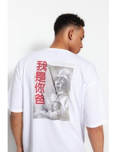 Trendyol Bílé pánské licencované oversize / široký střih krátký rukáv Star Wars tištěné tričko