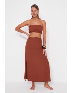 Trendyol Brown Woven Accessorized Blouse and Skirt Set