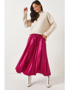 Olalook A-Line Pleated Skirt With Fuchsia Leather Look