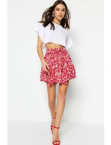 Trendyol Pink Floral Patterned Skirt With Ruffles, Normal Waist, Mini Crepe Knitted Skirt