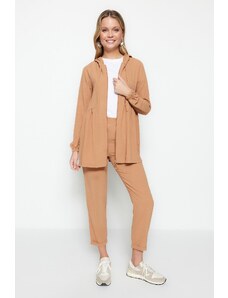 Trendyol Camel Hooded Zippered Woven Aerobin Cardigan-Pants Set