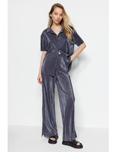 Trendyol Anthracite Pleated Wide-Cut Shirt and Trousers Knitted Top and Bottom Set