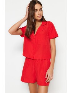 Trendyol Dark Red Terrycotton Shirt-Shorts Woven Pajama Set