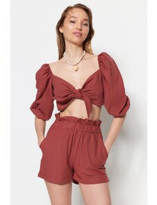 Trendyol Cinnamon Woven Tie Blouse Shorts Set