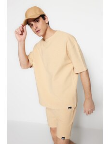 Trendyol Limitovaná edice béžová oversize 100% bavlna označená texturou Basic Thick T-Shirt