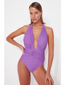 Trendyol fialové plisované plavky s hlubokým výstřihem s pravidelnými nohavicemi