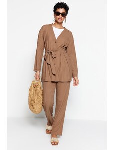 Trendyol Beige Front Fastening Detailed Knitted Tunic-Pants Suit