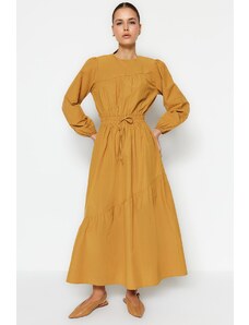 Trendyol Camel Waist Elastic Gathered Detail Cotton Woven Dress