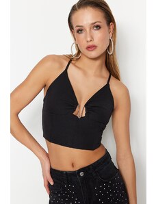 Trendyol Black Crop Lined Bustier with Woven Accessories and Window/Cut Out Detail