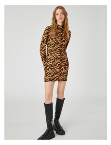 Koton Mini Zimní Tužkové Šaty Leopard Vzorované Vysoký Výstřih Dlouhý rukáv