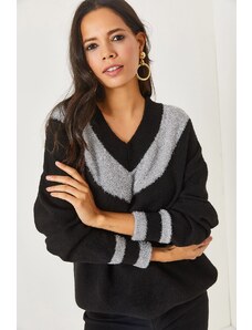 Olalook Black V-Neck Silvery Detailed Soft Textured Knitwear Sweater