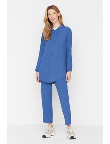 Trendyol Dark Blue Hooded Zippered Aerobin Cardigan-Pants Woven Set