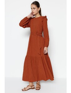 Trendyol Cinnamon Belt With Frill Shoulders on the Shoulders With Frills Flannel Lined Viscose-Mixed Woven Dress