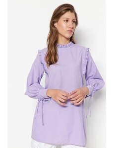 Trendyol Lilac Shoulder and Cuff Frilly Woven Cotton Tunic