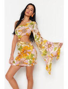 Trendyol Floral Pattern Fitted Mini Woven Cut Out/Window One-Shoulder Beach Dress