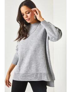 Olalook Dámský šedý kulatý výstřih s bočním rozparkem Oversize tlustý pletený svetr