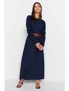 Trendyol Navy Blue Linen-Mixed Woven Shirt Dress with Shirring Pocket Detail with Belt