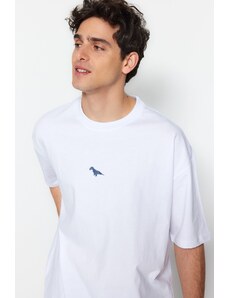 Trendyol Bílé oversize / široký střih Krátký rukáv Dinosaur vyšívané 100% bavlněné tričko