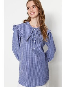 Trendyol Blue Baby Collar Gingham Patterned Woven Tunic