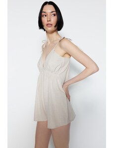 Trendyol Beige V-Neck Viscose Woven Jumpsuit with Chest Rubber Detail