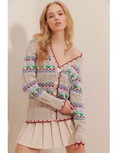 Trend Alaçatı Stili Women's Beige Openwork Patterned Knitwear Cardigan