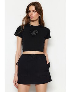 Trendyol Black Heart Stone Printed Basic Crop Crew Neck Cotton Flexible Knitted T-Shirt