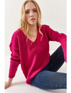 Olalook Women's Fuchsia V-Neck Soft Textured Knitwear Sweater