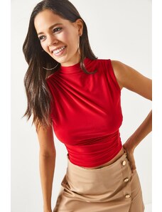 Olalook Women's Red High Neck Gathered Detailed Crop Blouse