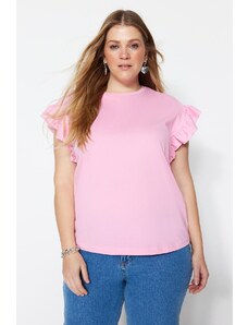 Trendyol Curve Pink Crew Neck Sleeve Ruffle Knitted T-Shirt