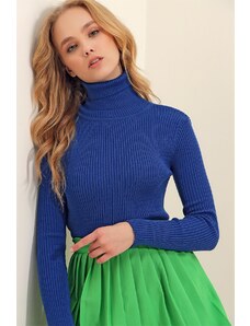 Trend Alaçatı Stili Dámské Saxe Blue Rolák žebrovaný pletený svetr