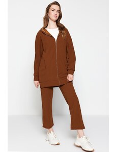Trendyol Brown Hooded Zipper Knitted Tracksuit Set