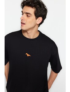 Trendyol Black Oversize Fit Crew Neck Krátký rukáv Dinosaurus Vyšívané tričko ze 100% bavlny