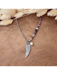 Estemia Turmalínový náhrdelník s řetízkem, říční perlou a andělským křídlem z chirurgické oceli