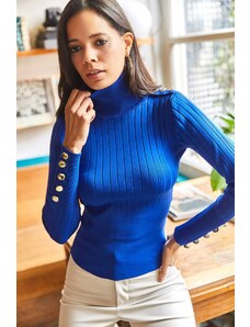 Olalook Women's Sax-Blue Shoulder Cuffs Gold Buttons Ribbed Turtleneck Sweater Blouse