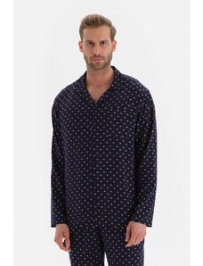 Dagi Navy Blue Shirt Collar Meter Printed Viscose Pajama Top