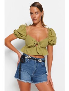 Trendyol Khaki Crop Knitted Ruffle Blouse