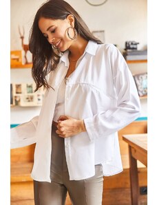 Olalook Women's White Asymmetrical Pocket Detailed Oversized Shirt