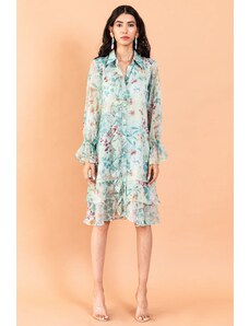 Aroop Floral Chiffon Shirt Dress Ruffle Details - Pale Blue/green