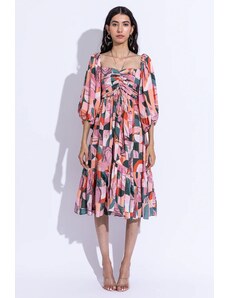 Aroop Flared Midi Dress With Balloon Long Sleeves- Pink Faded Green