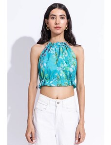 Aroop Floral Halter Neck Crop Top - Blue