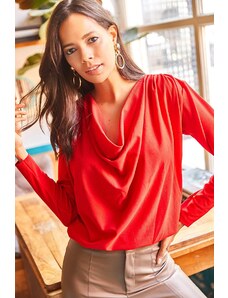 Olalook Women's Red Loose Knitted Knit Blouse with Pleated Pleated Polka Dots