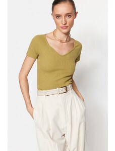 Trendyol Oil Green Fitted/Situated Ribbed Cotton, Stretchy Knit Blouse