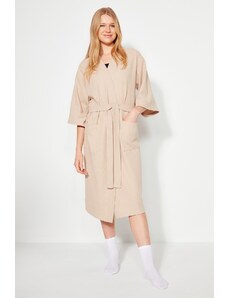 Trendyol Stone Belted Cotton Textured Knitted Dressing Gown