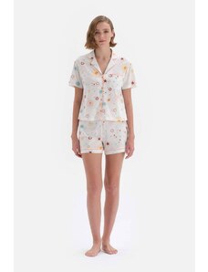 Dagi Off-White Square Patterned Cotton Shorts Pajama Set