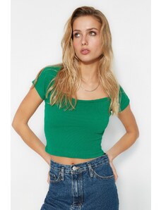 Trendyol Green Fitted/Situated Square Neck Crop Corduroy Stretch Knitted Blouse