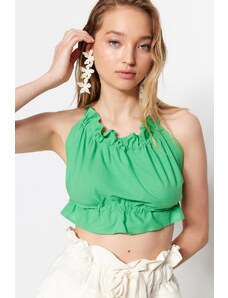 Trendyol Tropical Green Crop Woven Frill Blouse