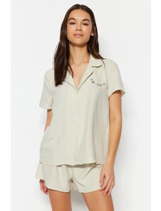 Trendyol Light Beige Motto Embroidered Shirt-Shorts, Woven Pajamas Set