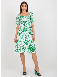 BASIC Bílo-zelené květované midi šaty s páskem -white-green Květinový vzor